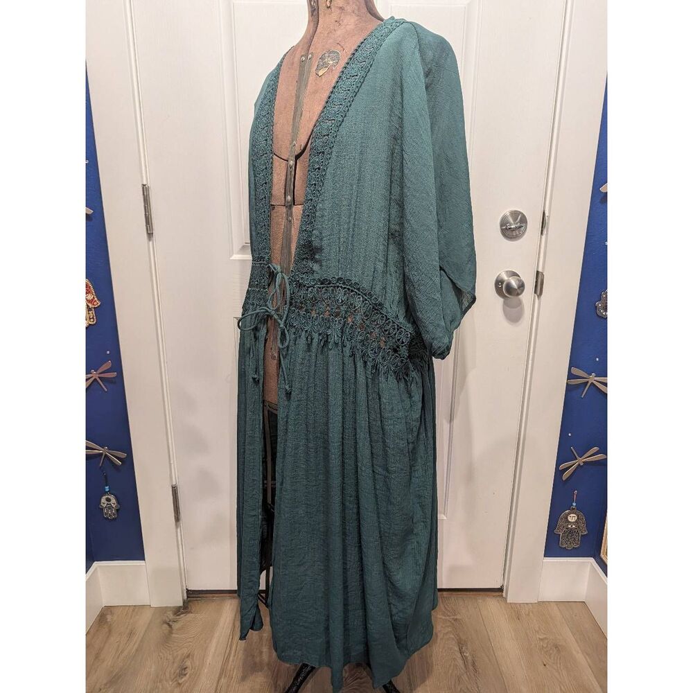 Time and Tru 2X Boho Duster Kimono Crochet Lace Tie Front Long Cover Up Green